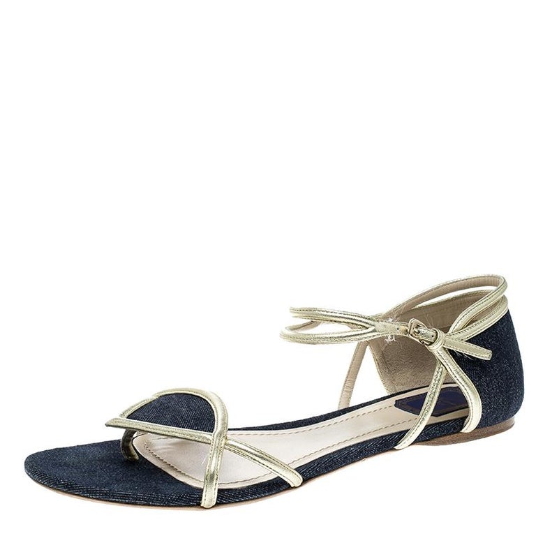 Dior Blue Denim Ankle Strap Thong Flat Sandals Size 40 at 1stdibs