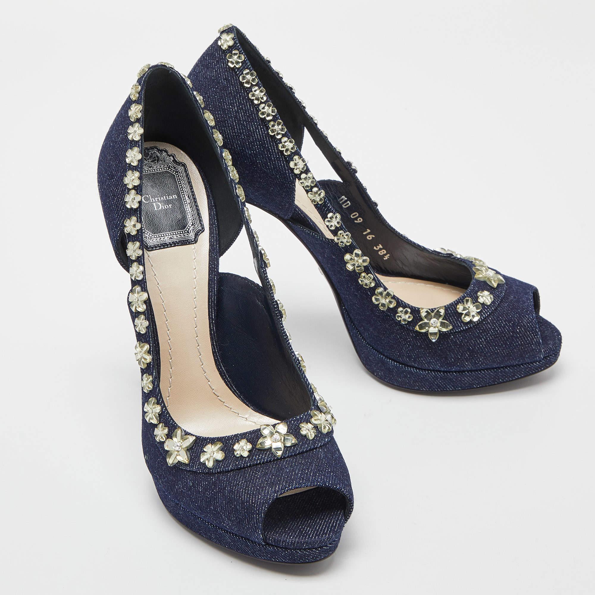 Women's Dior Blue Denim Crystal Embellished Garland Peep Toe Pumps Size 38.5