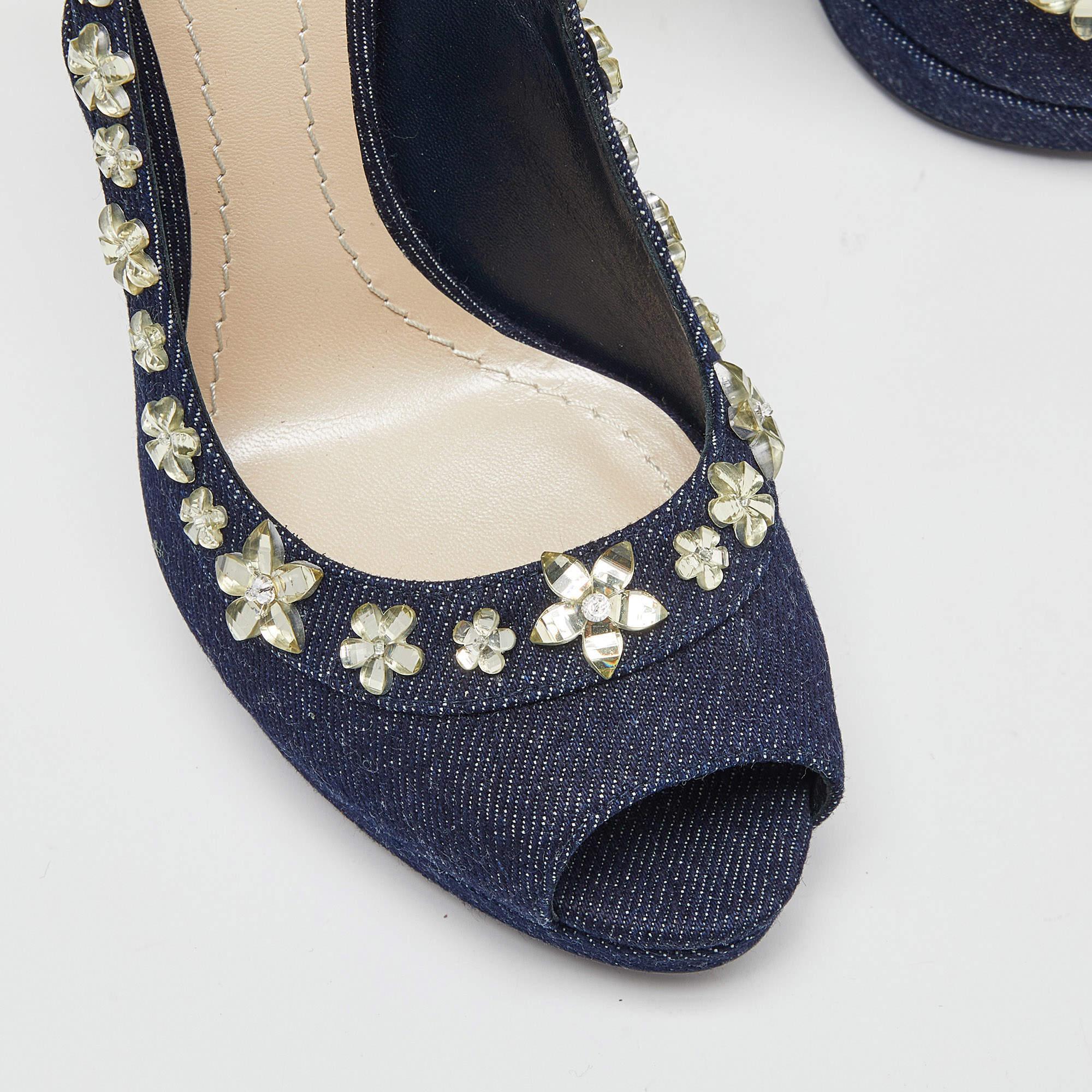 Dior Blue Denim Crystal Embellished Garland Peep Toe Pumps Size 38.5 1