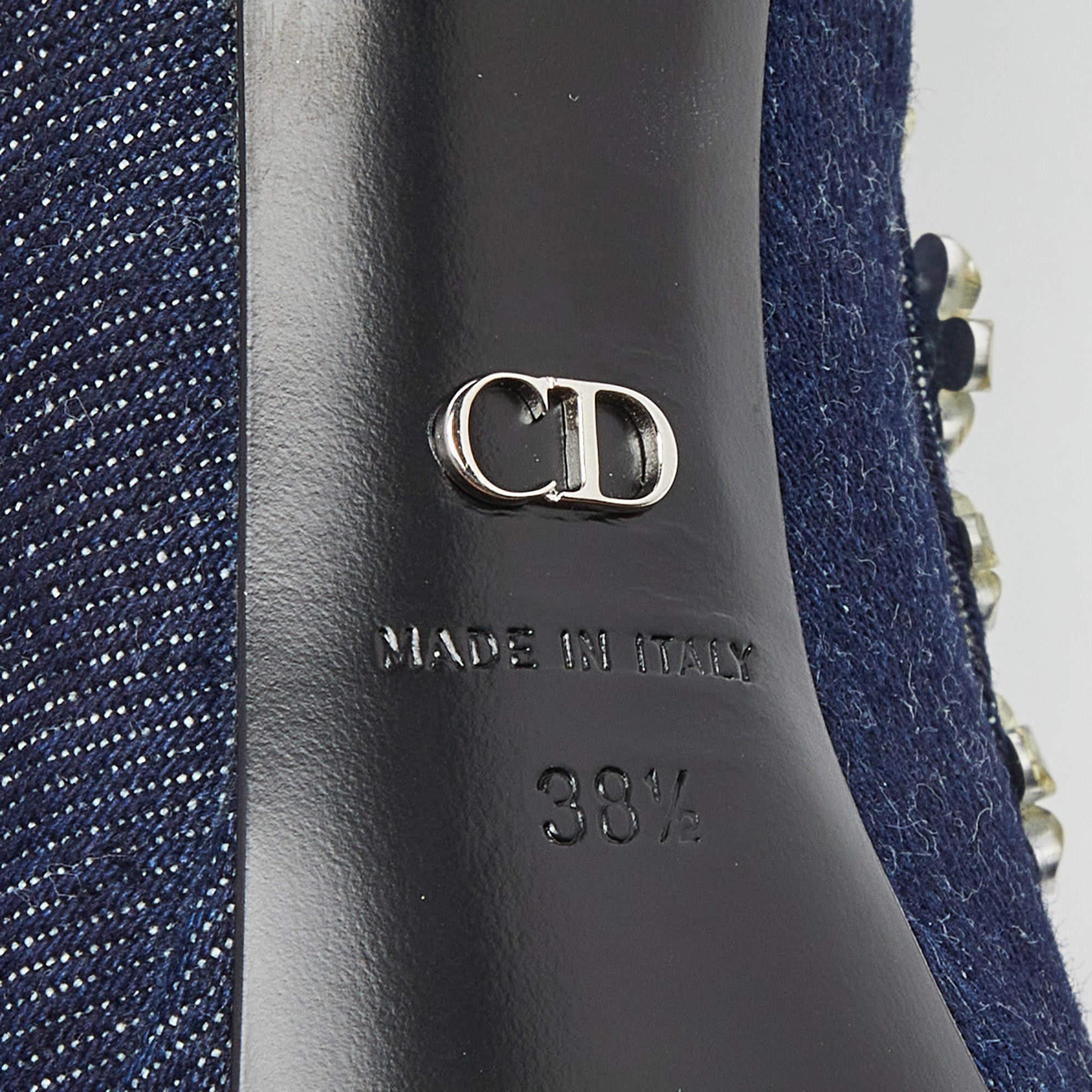 Dior Blue Denim Crystal Embellished Garland Peep Toe Pumps Size 38.5 2