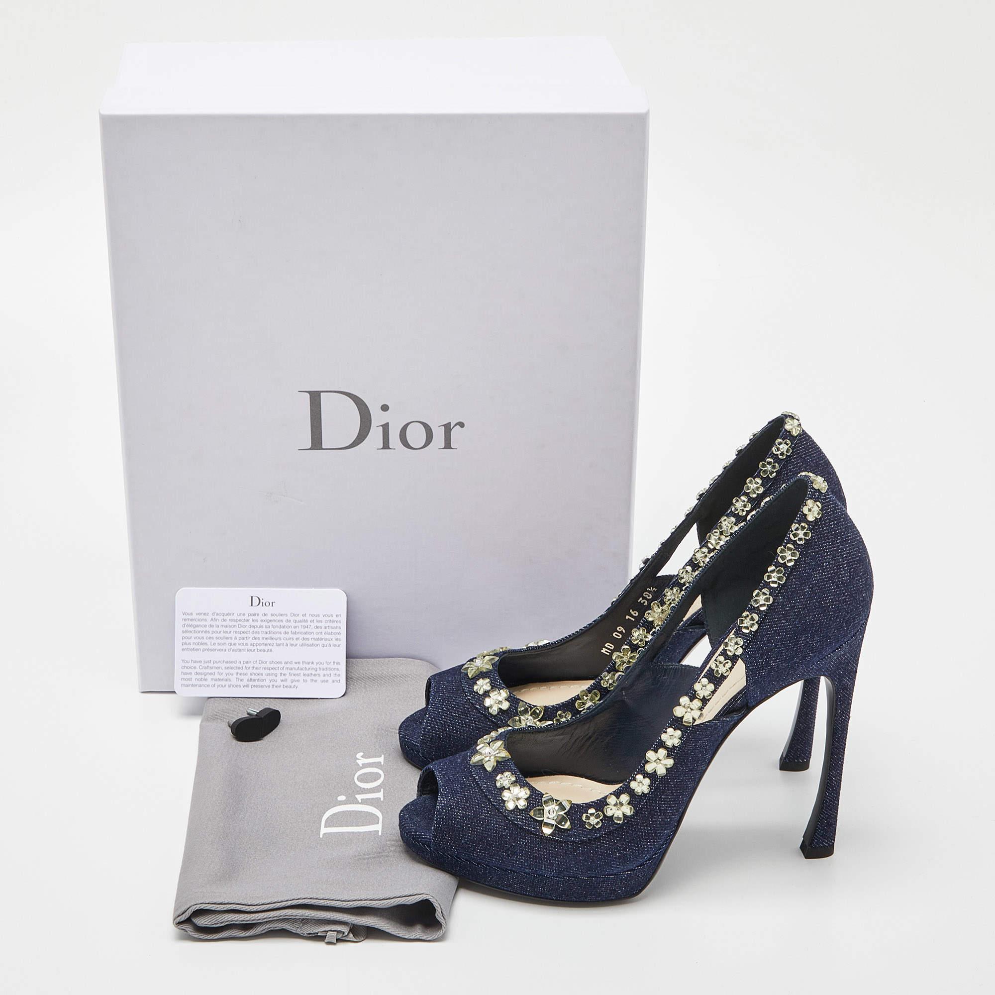Dior Blue Denim Crystal Embellished Garland Peep Toe Pumps Size 38.5 3