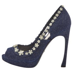 Dior Blue Denim Crystal Embellished Garland Peep Toe Pumps Size 38.5