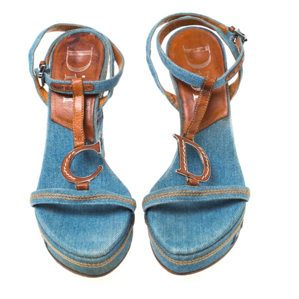 Dior Blue Denim Embroidered Ankle Wrap Wedge Platform Sandals Size 