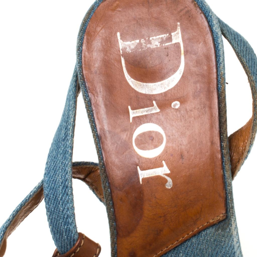 Dior Blue Denim Embroidered Ankle Wrap Wedge Platform Sandals Size 36.5 In Fair Condition In Dubai, Al Qouz 2