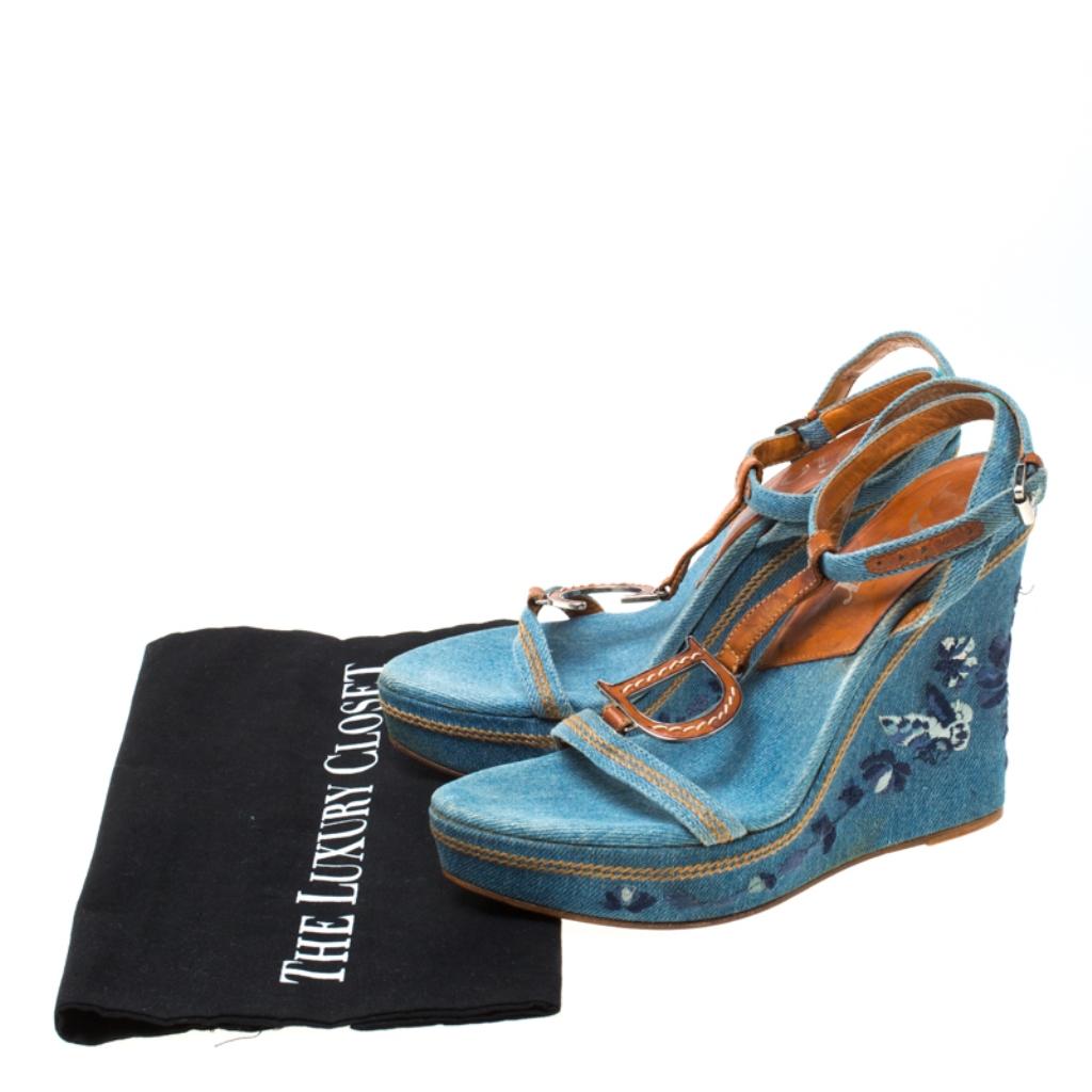 Women's Dior Blue Denim Embroidered Ankle Wrap Wedge Platform Sandals Size 36.5