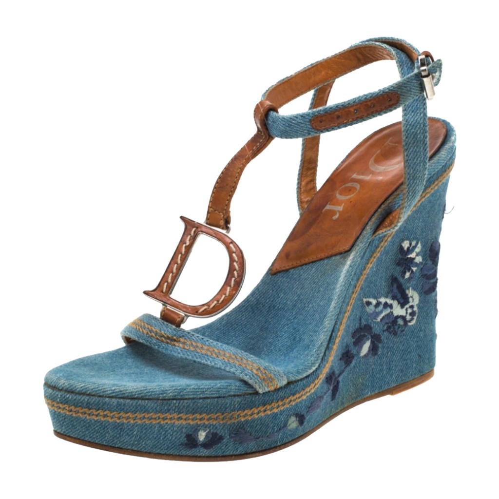 Dior Blue Denim Embroidered Ankle Wrap Wedge Platform Sandals Size 36.5