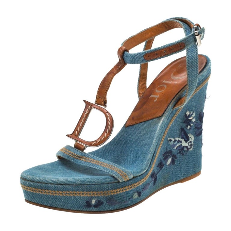 Dior Blue Denim Embroidered Ankle Wrap Wedge Platform Sandals Size 36.5 ...