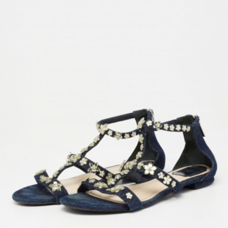 Black Dior Blue Denim Jewel Embellished Strappy Flat Sandals Size 38.5 For Sale
