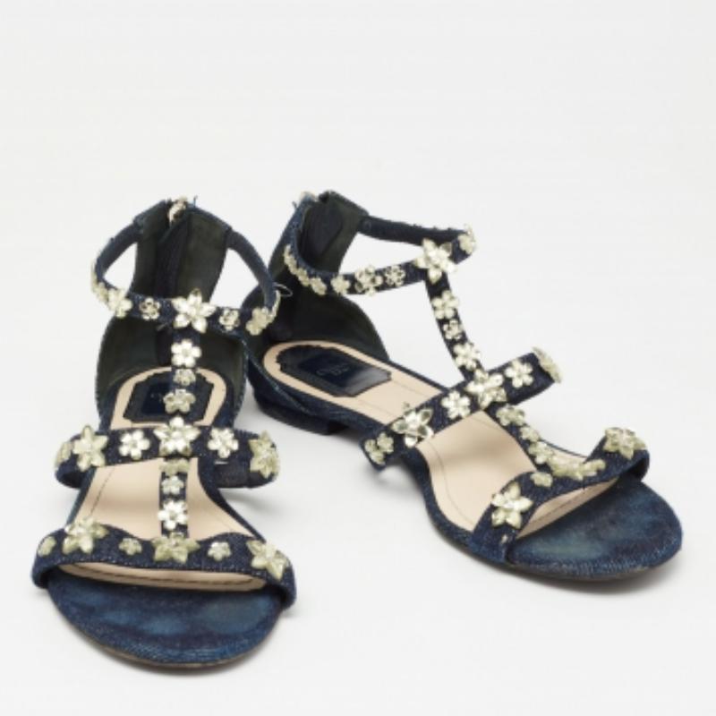 Dior Blue Denim Jewel Embellished Strappy Flat Sandals Size 38.5 In Good Condition For Sale In Dubai, Al Qouz 2