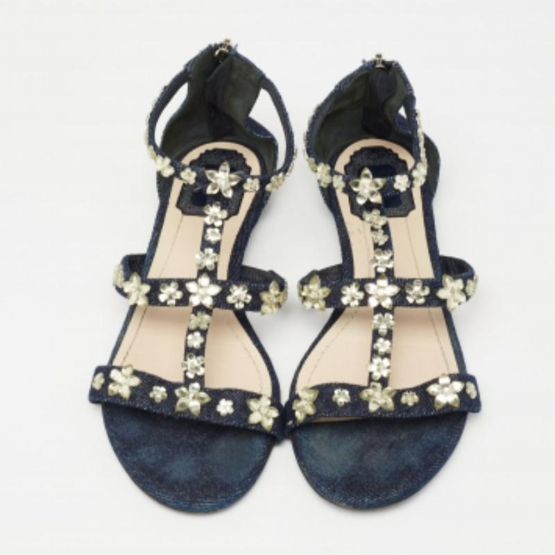Women's Dior Blue Denim Jewel Embellished Strappy Flat Sandals Size 38.5 For Sale