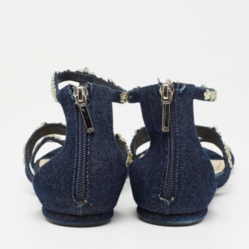 Dior Blue Denim Jewel Embellished Strappy Flat Sandals Size 38.5 For Sale 1