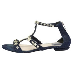 Dior Blue Denim Jewel Embellished Strappy Flat Sandals Size 38.5
