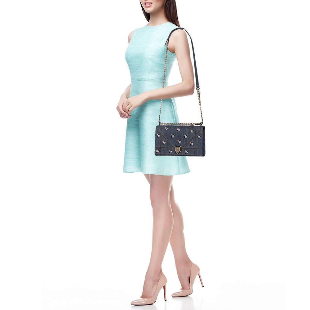 Black Dior Blue Denim Medium Crystal Embellished Diorama Shoulder Bag For Sale