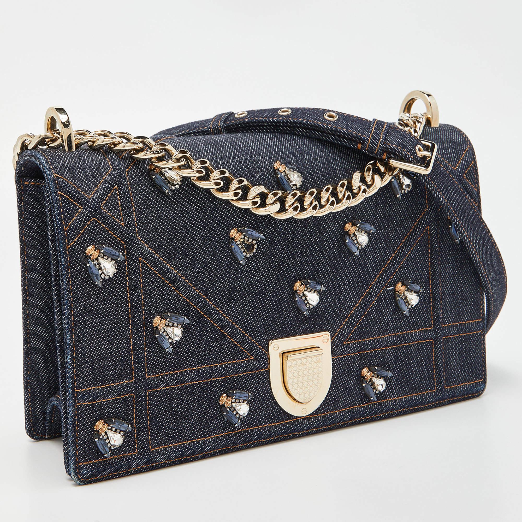 Black Dior Blue Denim Medium Crystal Embellished Diorama Shoulder Bag
