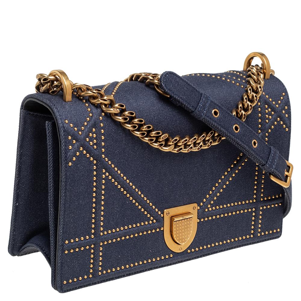 Dior Blue Denim Studded Medium Diorama Flap Shoulder Bag In Good Condition In Dubai, Al Qouz 2