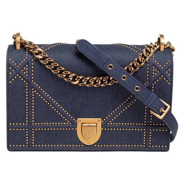 Dior Blue Denim Studded Medium Diorama Flap Shoulder Bag at 1stDibs