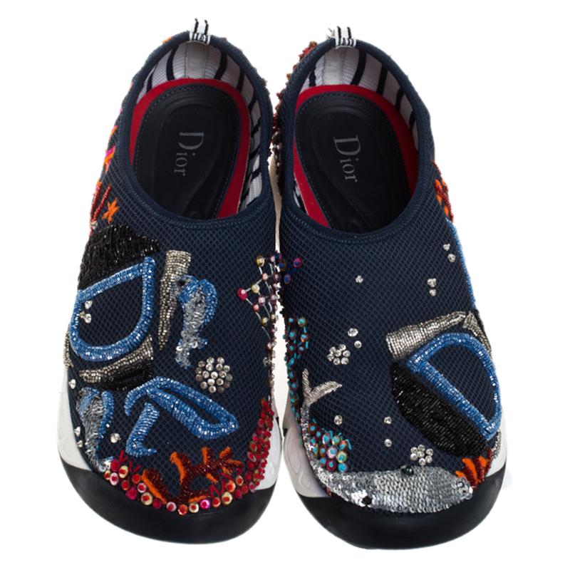 Black Dior Blue Embroidered And Embellished Mesh Ocean Fusion Slip On Sneakers Size 40