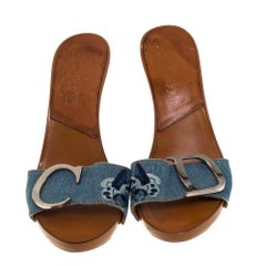 Dior Blue Embroidered Denim Fabric Clog Sandals Size 37