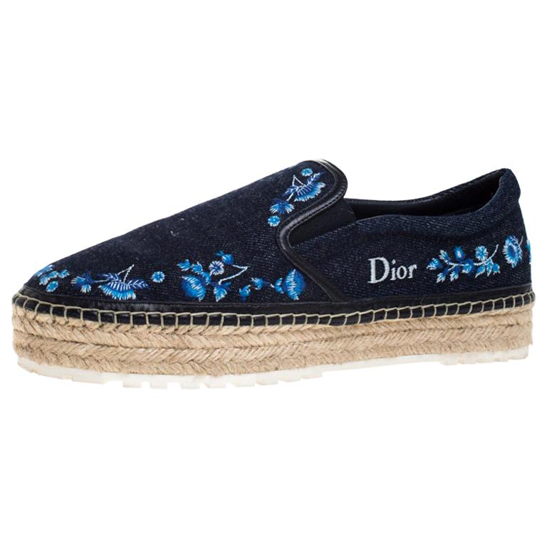 Dior Blue Floral Embroidered Denim Prairie Espadrille Flats Size 39