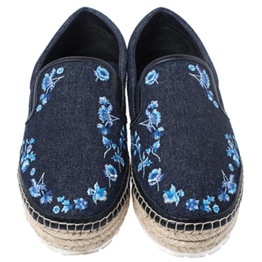 Black Dior Blue Floral Embroidery Denim Prairie Espadrille Loafers Size 38.5