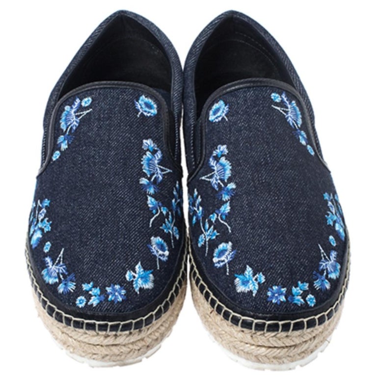 Dior Blue Floral Embroidery Denim Prairie Espadrille Loafers Size 38.5 ...