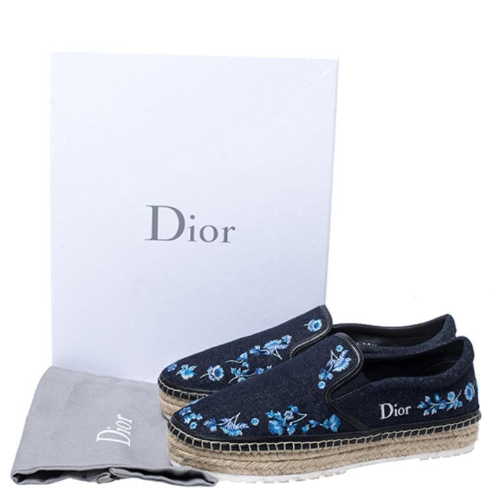 Dior Blue Floral Embroidery Denim Prairie Espadrille Loafers Size 38.5 3