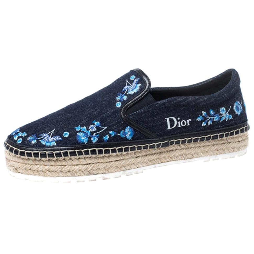 Dior Blue Floral Embroidery Denim Prairie Espadrille Loafers Size 38.5