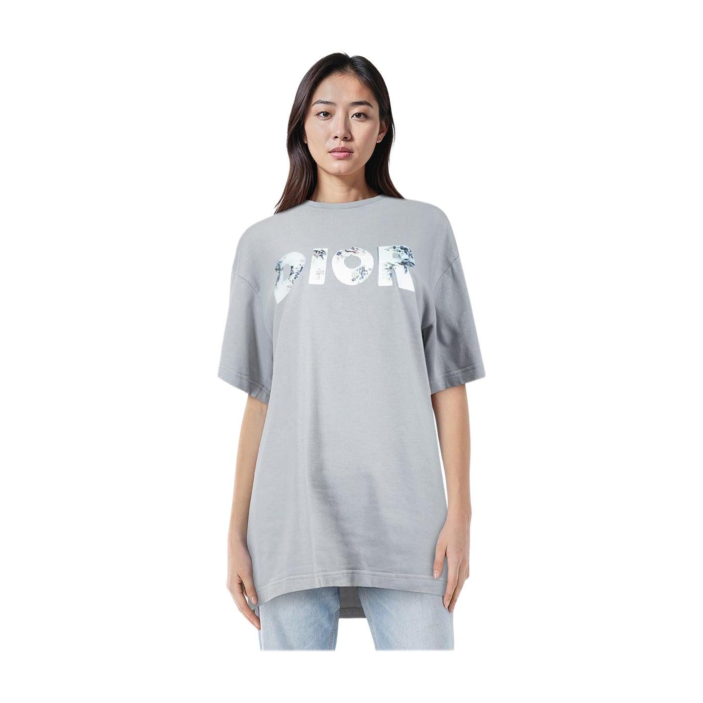 Dior T-Shirt mit blauem Blumendruck und Logo Größe L