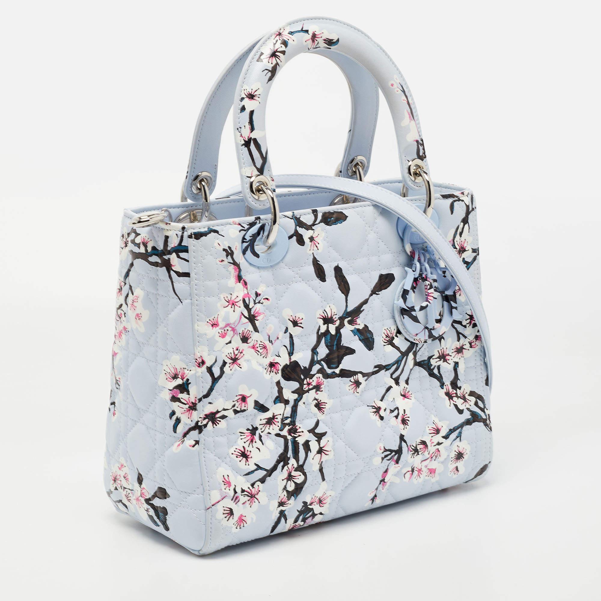 Gray Dior Blue Floral Print Leather Medium Lady Dior Tote
