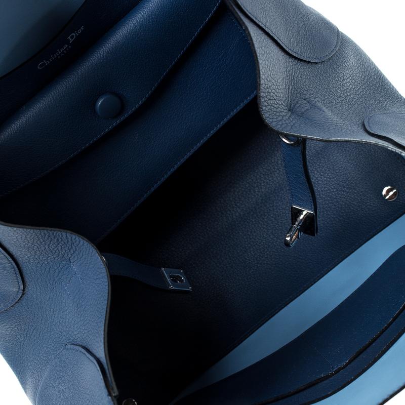 Dior Blue Grained Leather Large Open Bar Tote In Fair Condition In Dubai, Al Qouz 2