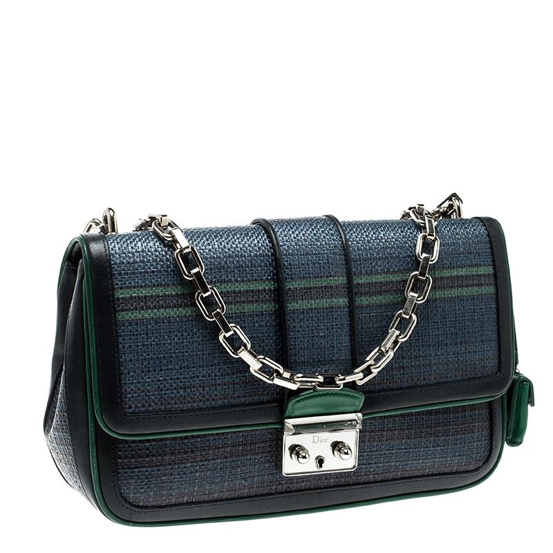 Dior Blue/Green Raffia and Leather Miss Dior Medium Flap Bag In Good Condition In Dubai, Al Qouz 2