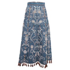 Dior Blue Hand Embroidered Denim Tassel Trimmed Skirt S