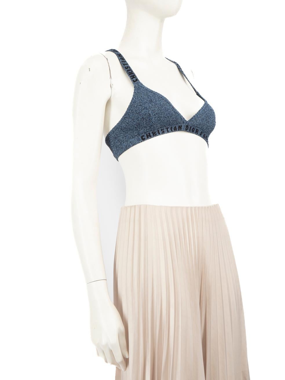 CONDITION is Never worn. No visible wear to the top is evident on this new Dior designer resale item.
 Details
 Model: J'adior
 Blue
 Viscose
 Bralette top
 Stretchy
 Sleeveless
 Cross strap
 Brand name print
 V neck
 
 
 Made in Italy
 
