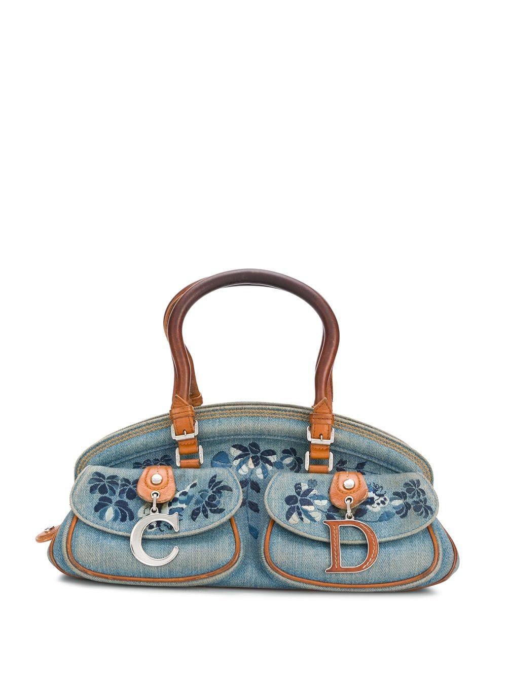 Gray Dior Blue Jean Embroidered Floral Handbag 