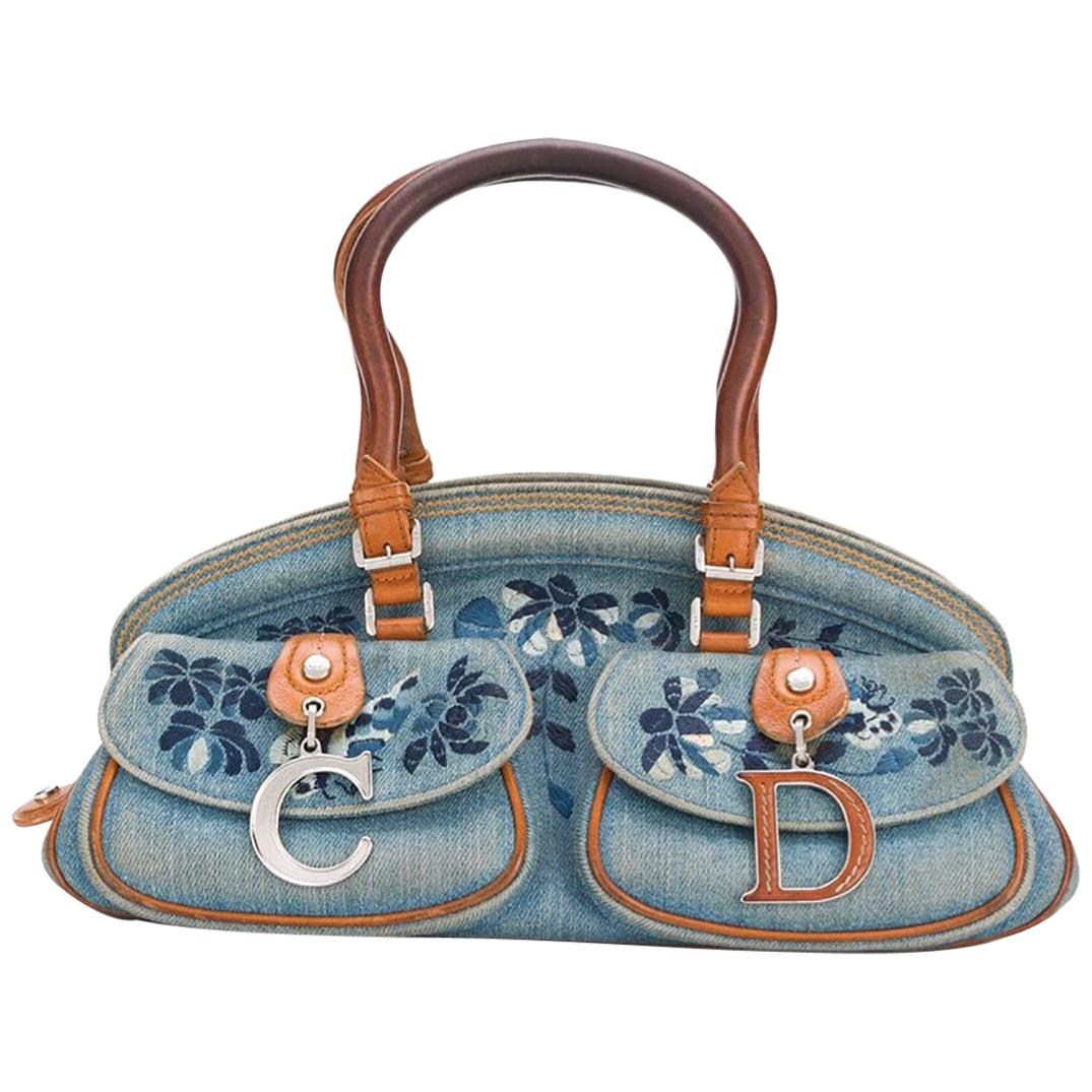 Dior Blue Jean Embroidered Floral Handbag 