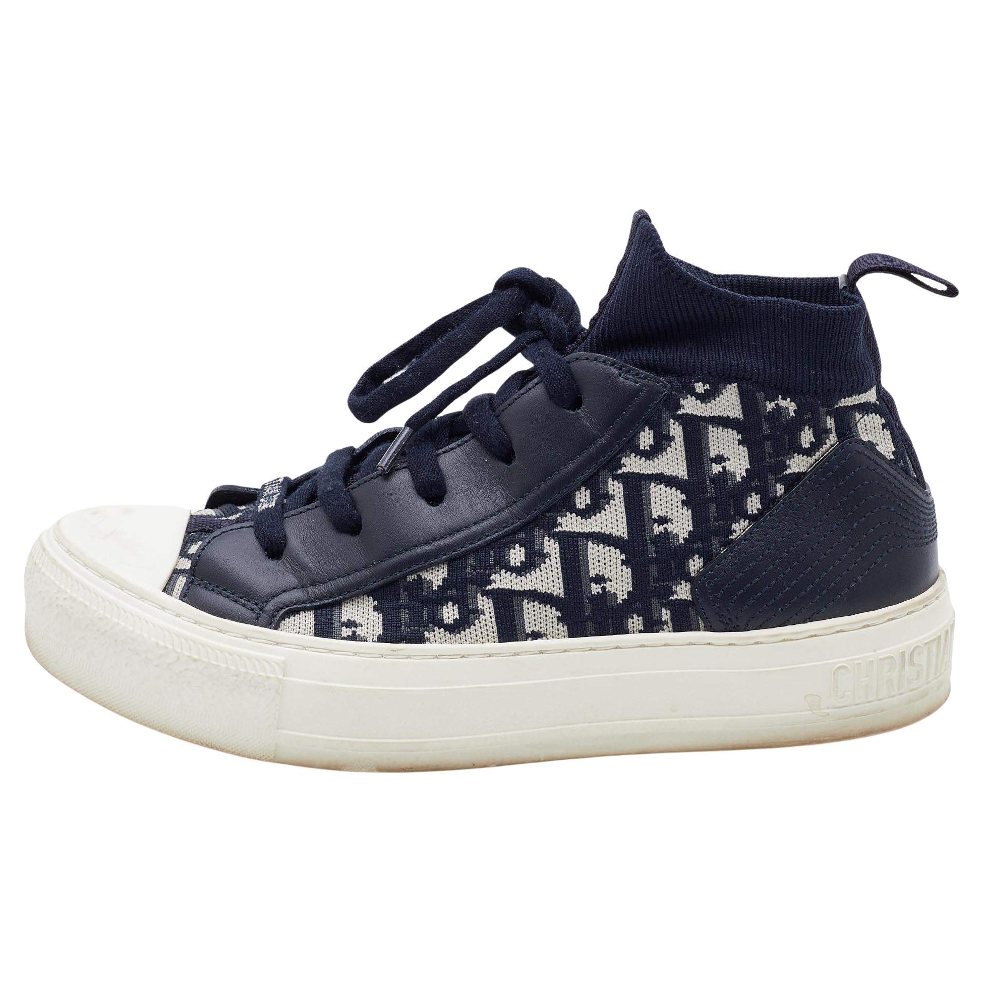 Dior Blue Knit Fabric and Leather Walk'n'Dior High Top Sneakers Size 35.5