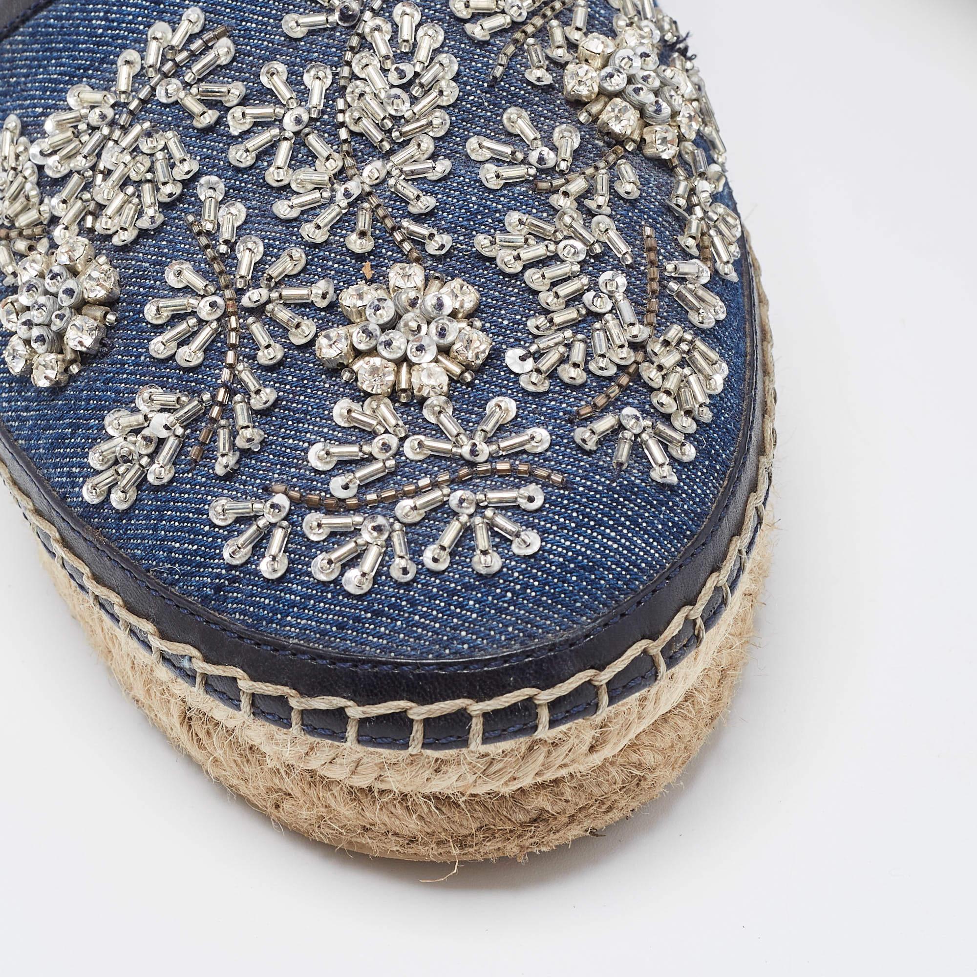 Dior Blue Leather and Denim Crystal Embellished Flat Espadrilles Size 39.5 2