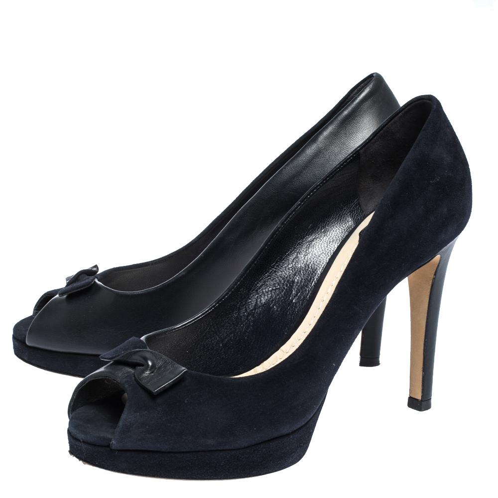 Black Dior Blue Leather and Suede Bow Peep Toe Platform Pumps Size 39.5