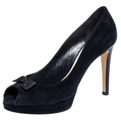 Dior Blue Leather and Suede Bow Peep Toe Platform Pumps Size 39.5