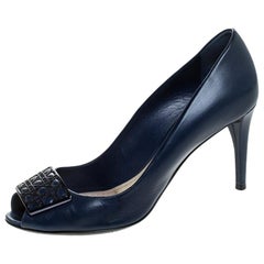 Dior Blue Leather Cannage Metal Bow Peep Toe Pumps Size 37.5