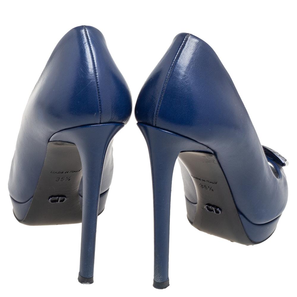 Women's Dior Blue Leather Cannage Plaque Peep Toe Platform Pumps Size 35.5