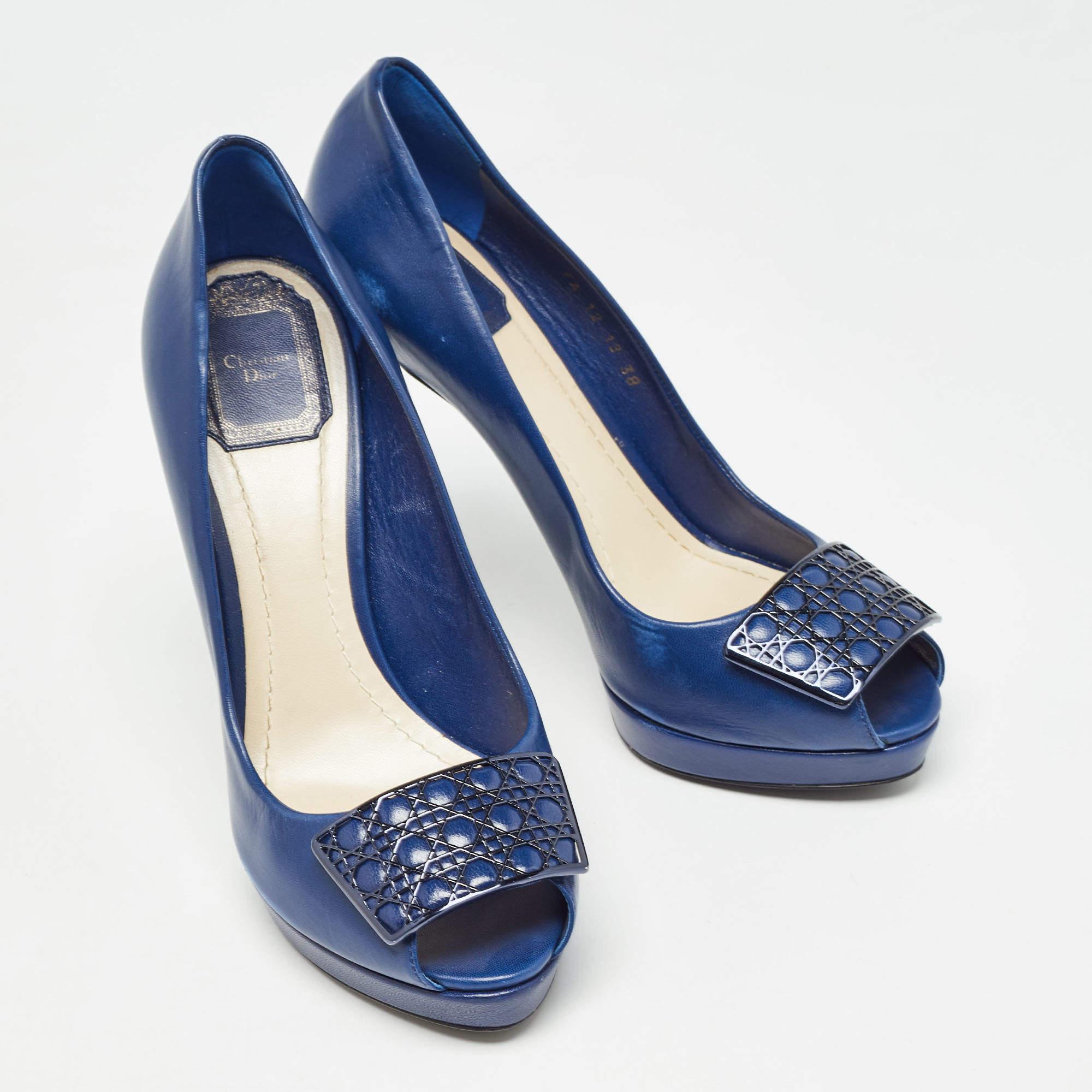 Women's Dior Blue Leather Cannage Plaque Platform Peep Toe Pumps Size 38