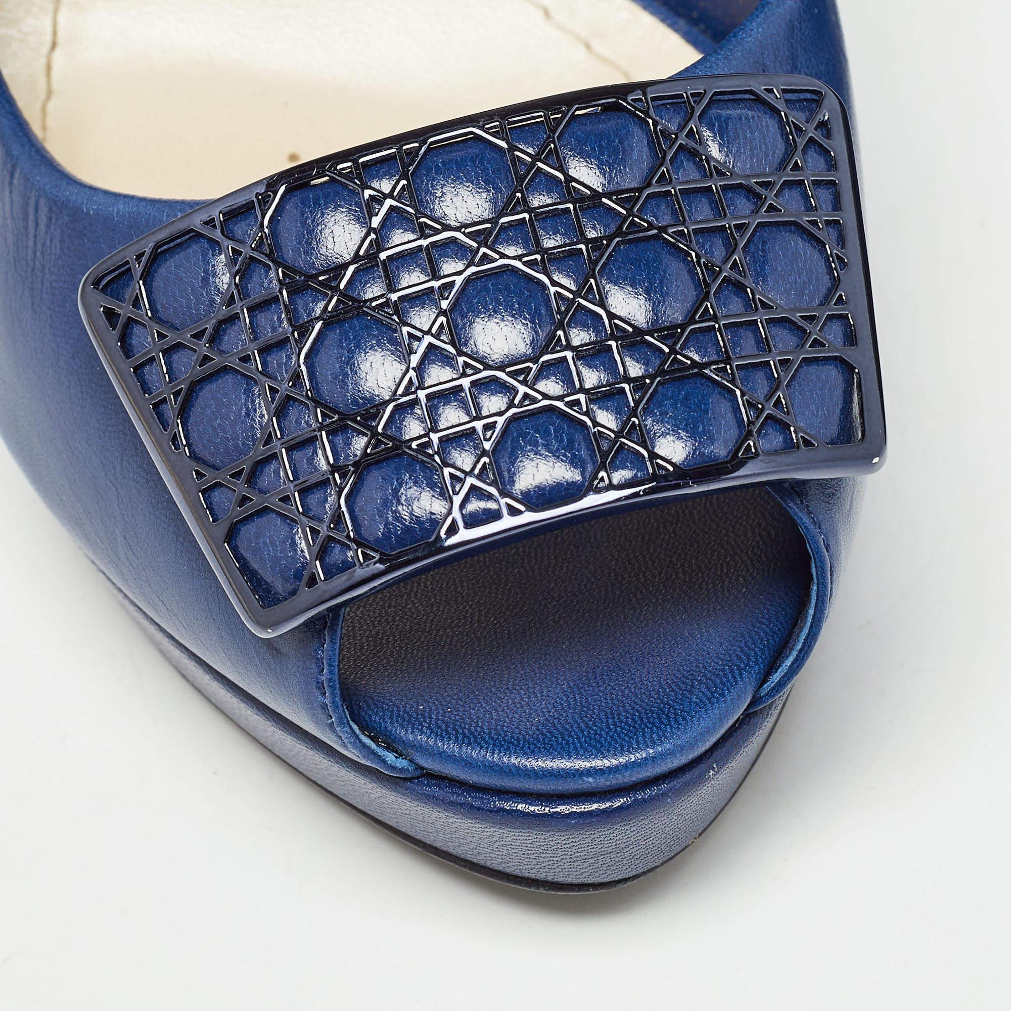 Dior Blue Leather Cannage Plaque Platform Peep Toe Pumps Size 38 3