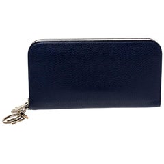 Used Dior Blue Leather Diorissimo Voyageur Zip Around Wallet