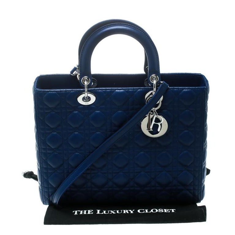 Dior Blue Leather Large Lady Dior Top Handle Bag For Sale at 1stDibs