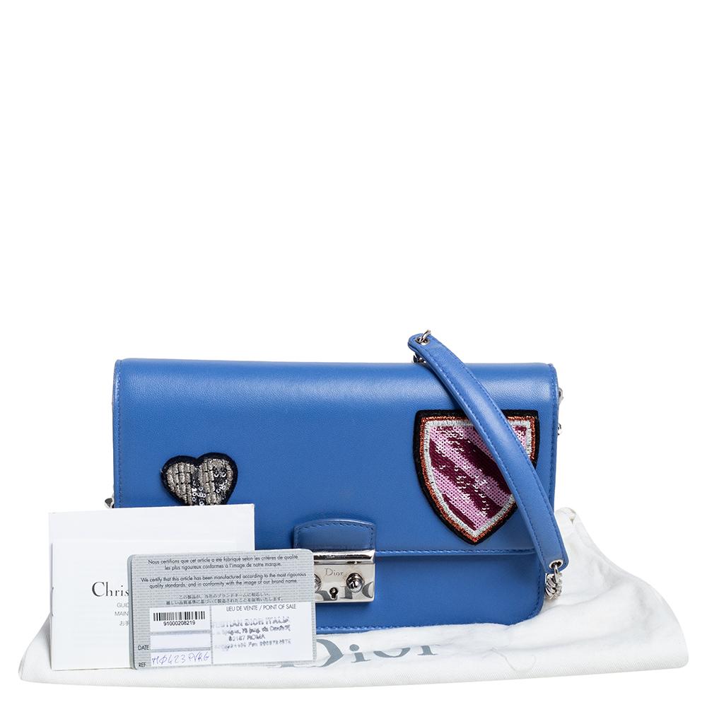 Dior Blue Leather Large Miss Dior Heart Badges Promenade Chain Clutch 3