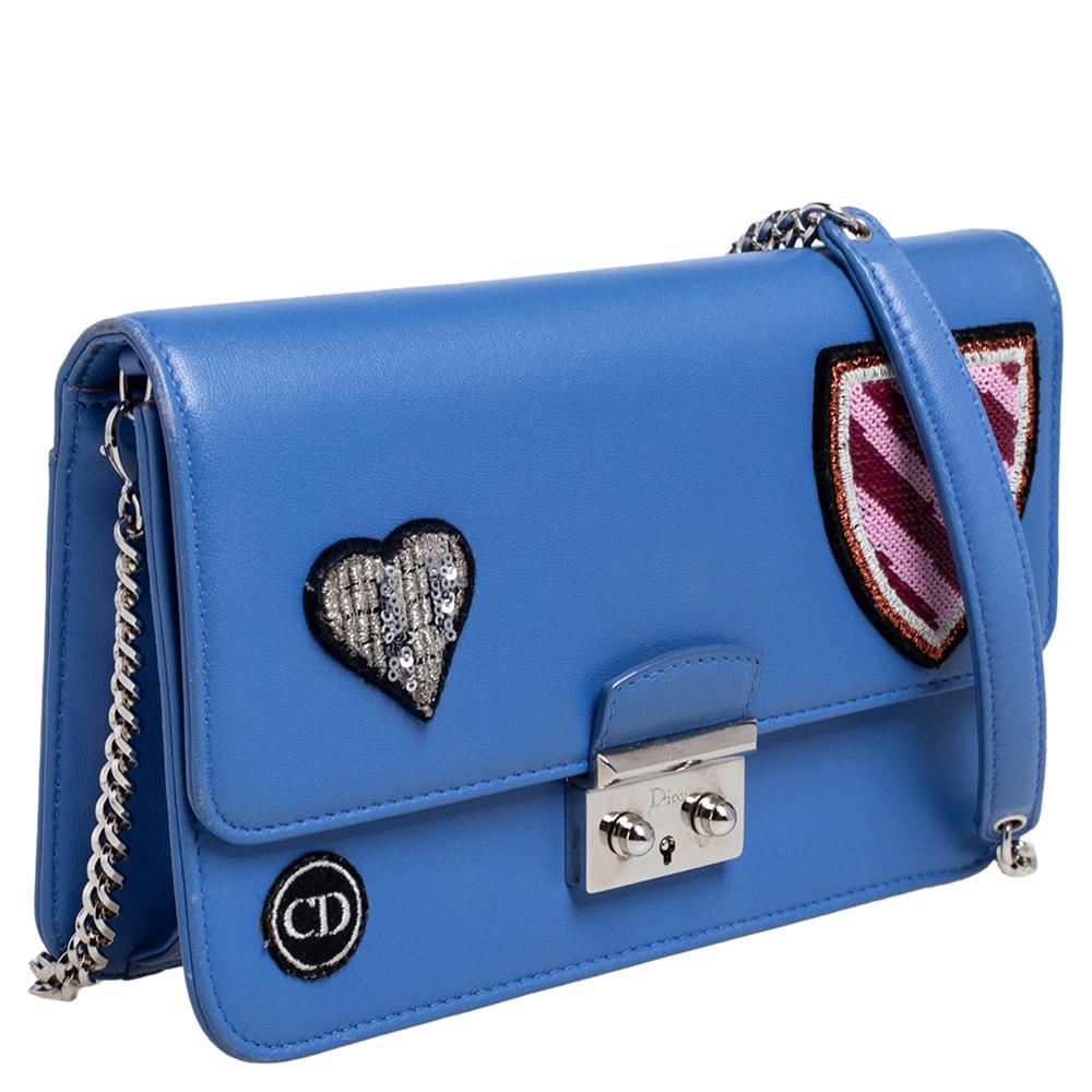 Dior Blue Leather Large Miss Dior Heart Badges Promenade Chain Clutch 4