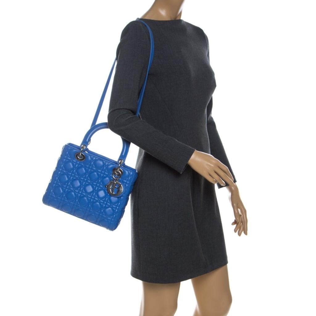 Dior Blue Leather Medium Lady Dior Tote In Good Condition In Dubai, Al Qouz 2