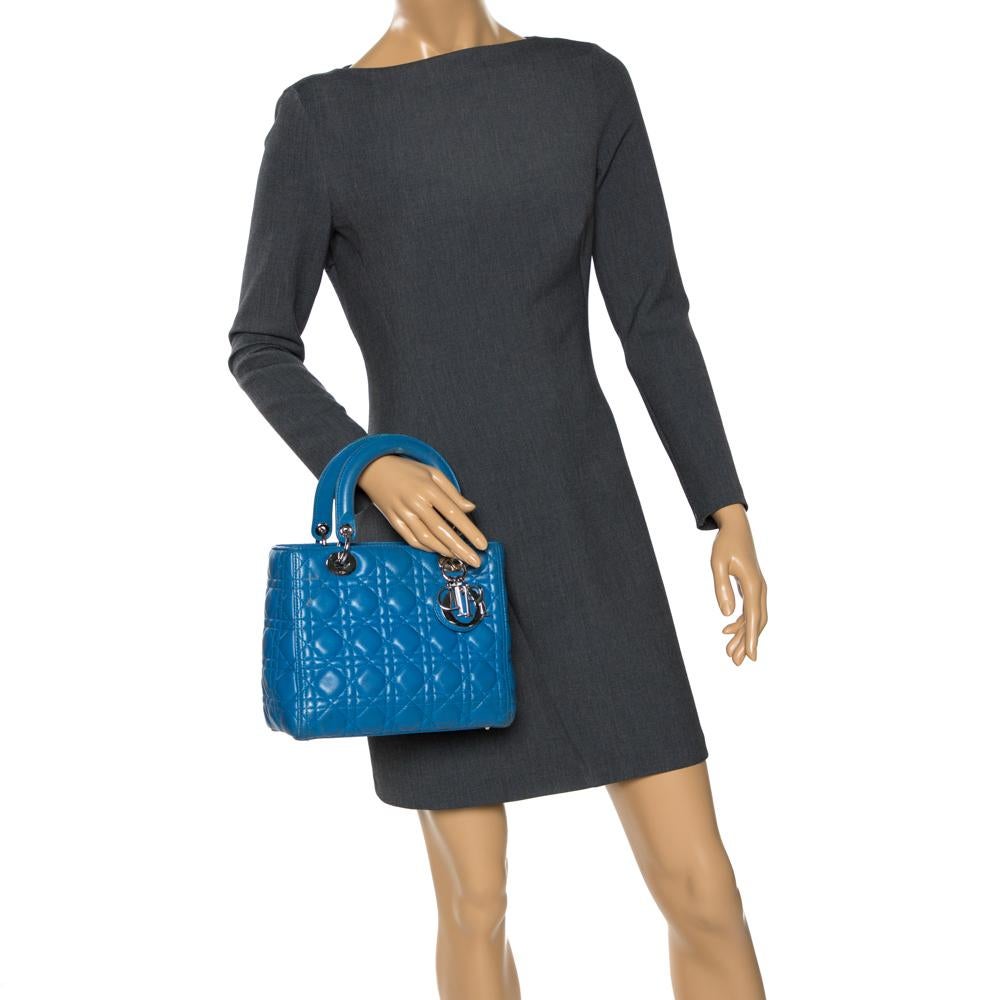 Dior Blue Leather Medium Lady Dior Tote In Fair Condition In Dubai, Al Qouz 2