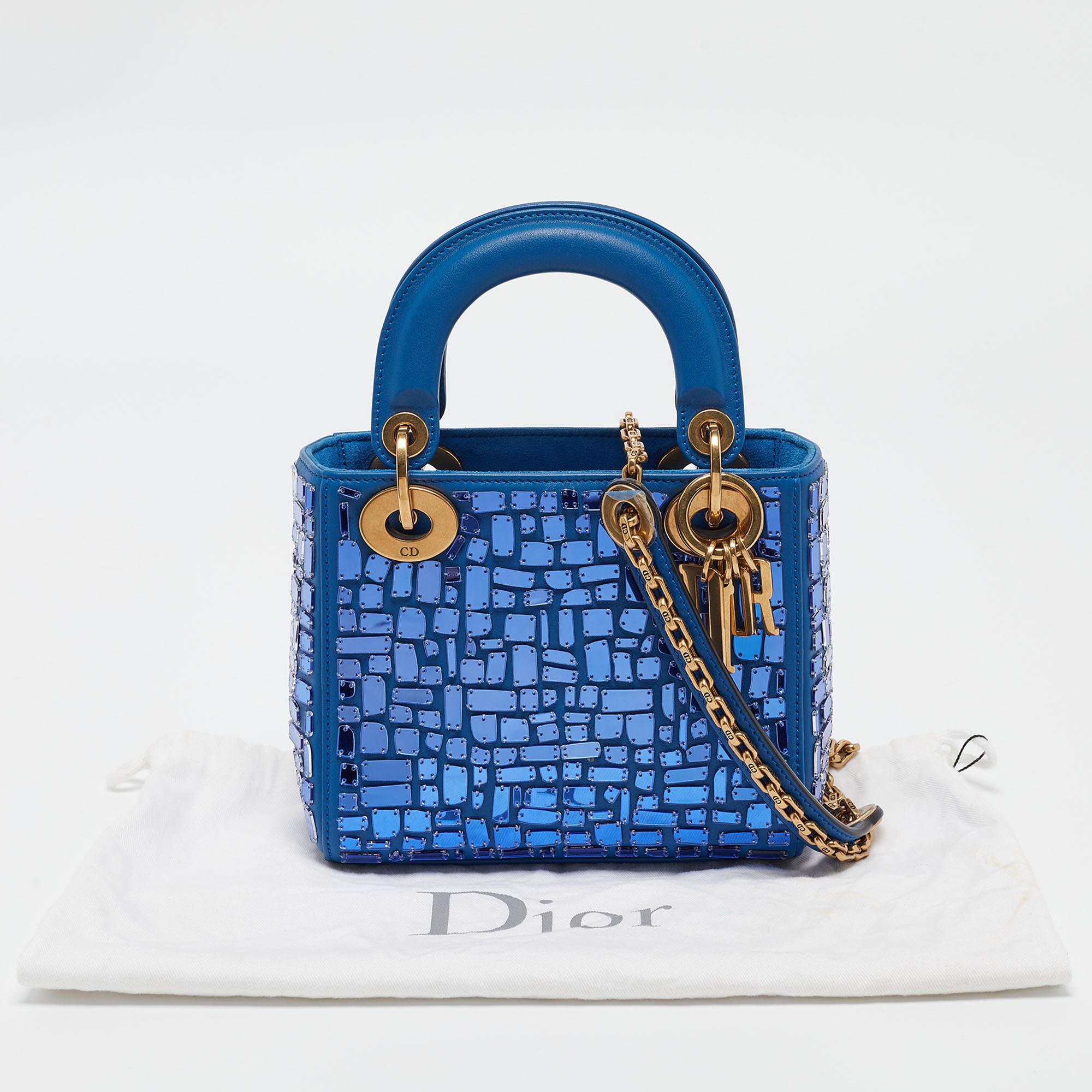 Dior Blue Leather Mini Mosaic of Mirrors Lady Dior Tote 15